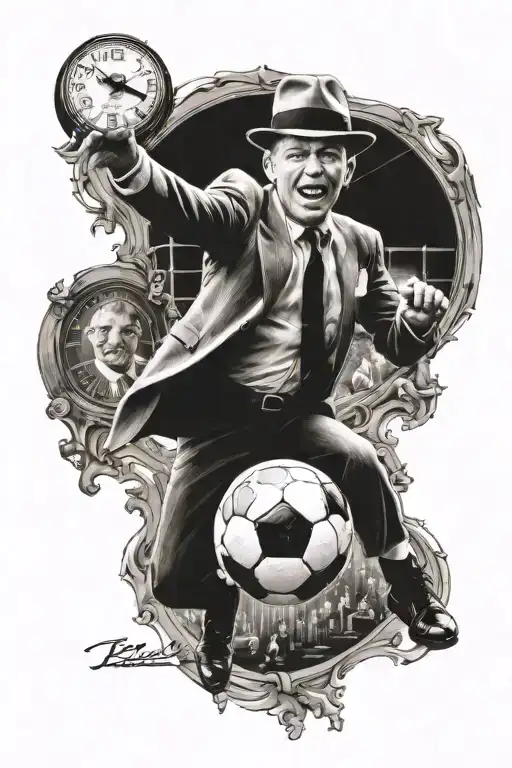 Portrait of Frank Sinatra playing soccer with a clock in the background tattoo design idea