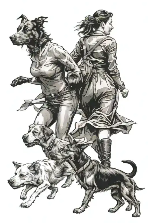 2 dogs following a woman in tights  tattoo design idea