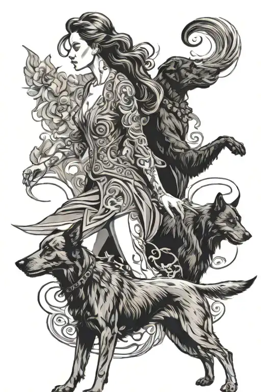 2 dogs following a woman in tights  tattoo design idea