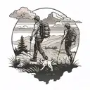 A black and grey tattoo of a couple hiking together in the countryside with their dog tattoo design idea