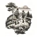 A black and grey tattoo of a couple hiking together in the countryside with their dog tattoo design idea