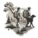 A black and grey tattoo of a couple hiking together in the countryside with their dog tattoo design idea