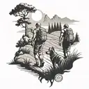 A black and grey tattoo of a couple hiking together in the countryside with their dog tattoo design idea