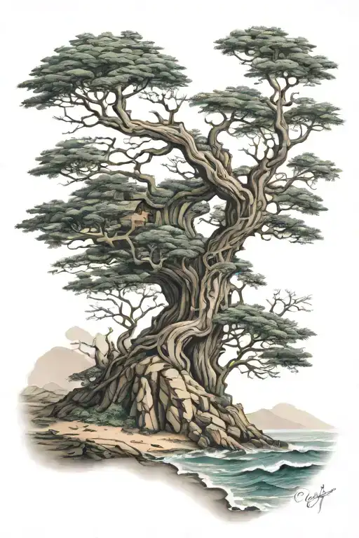 tree of life is on the edge of a cliff. the cliff is in an irish coastline. family of 4 at the base of the tree. tattoo design idea