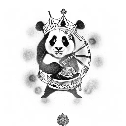 A neo traditional panda wearing a Gothic crown and playing a drum made of dark roses tattoo design idea