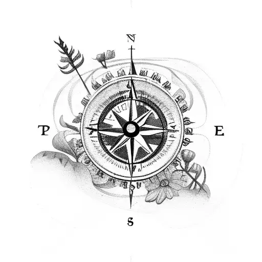 old compass with flowers and dates tattoo design idea