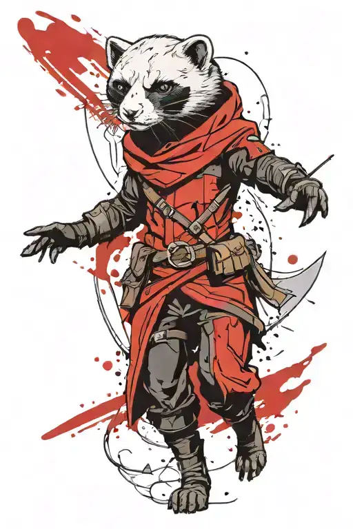 a minimal portrait of thin & light female ferret styled as assassin from "assassin's creed" game with logo at costume hand/head. body turned into right side. full-length body. without weapon. blood drops at background. without unnecesary details outside the body. tattoo design idea