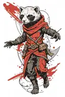 a minimal portrait of thin & light female ferret styled as assassin from "assassin's creed" game with logo at costume hand/head. body turned into right side. full-length body. without weapon. blood drops at background. without unnecesary details outside the body. tattoo design idea