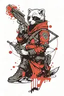 a minimal portrait of thin & light female ferret styled as assassin from "assassin's creed" game with logo at costume hand/head. body turned into right side. full-length body. without weapon. blood drops at background. without unnecesary details outside the body. tattoo design idea