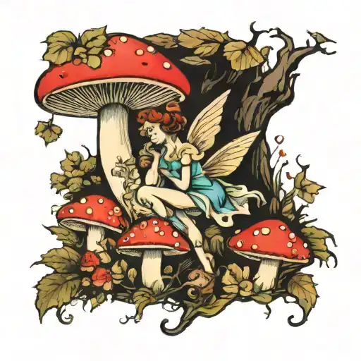 mushroom fairy forest scene tattoo design idea