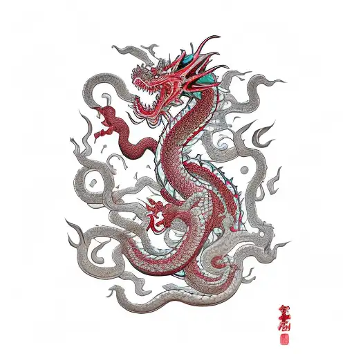 naga dragon, female japanese samurai, cherry blossoms, snake, irezumi tattoo design idea