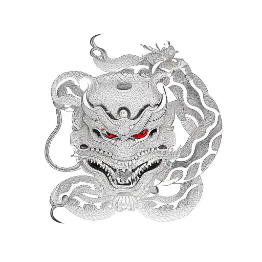 Hannya mask with snake, surrounded by cherry blossoms  tattoo design idea