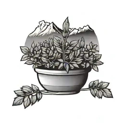 A minimalist design of a potted herb plant with a mountain landscape in the background, symbolizing your passion for cooking and nature in a subtle way tattoo design idea