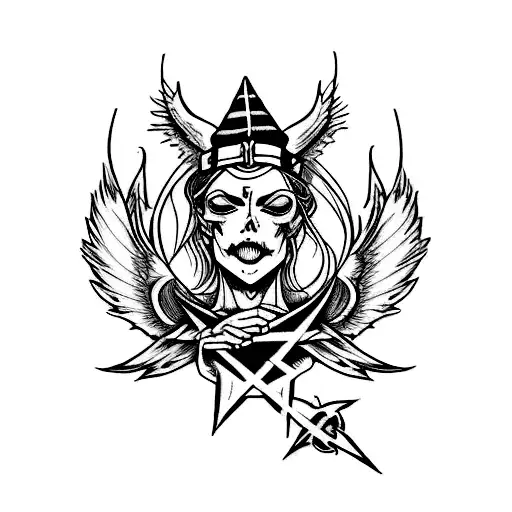 Witch with angels and demons' wing tattoo design idea