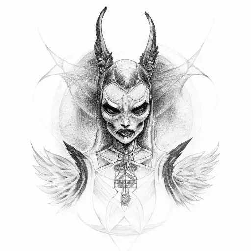 Witch with angels and demons' wing tattoo design idea