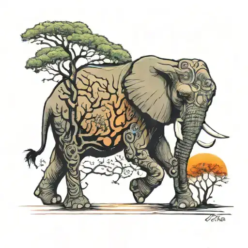 elephant walking with trees colors sunset proverbs 2:6 tattoo design idea