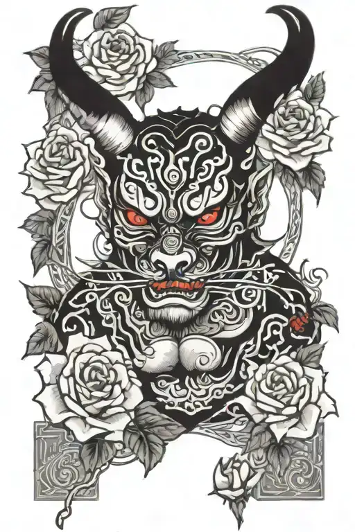 black and white vejigante devil madò surrounded by roses tattoo design idea