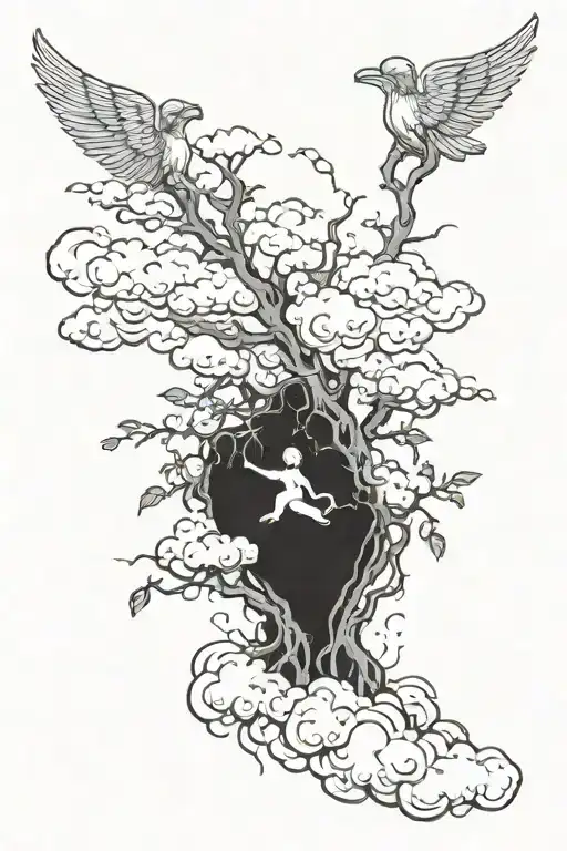 poison tree with clouds on top with an angel coming out crying tattoo design idea