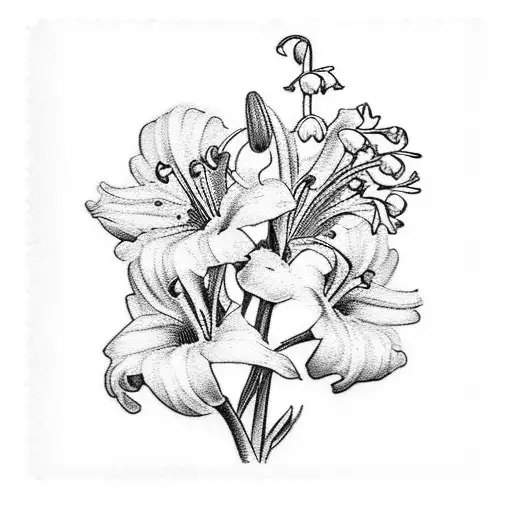 postage stamp with daisy, lily of the valley, gladiolus and morning glory tattoo design idea