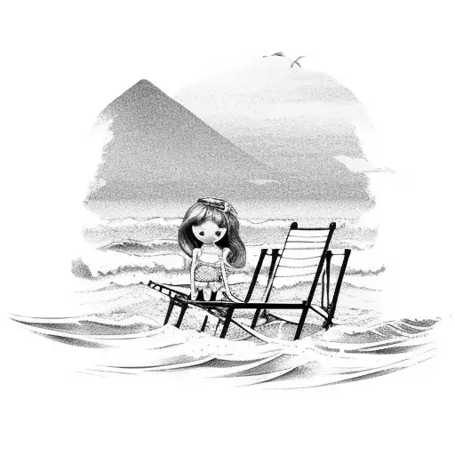 A doll sitting on a beach chair by the ocean, with waves crashing in the background tattoo design idea