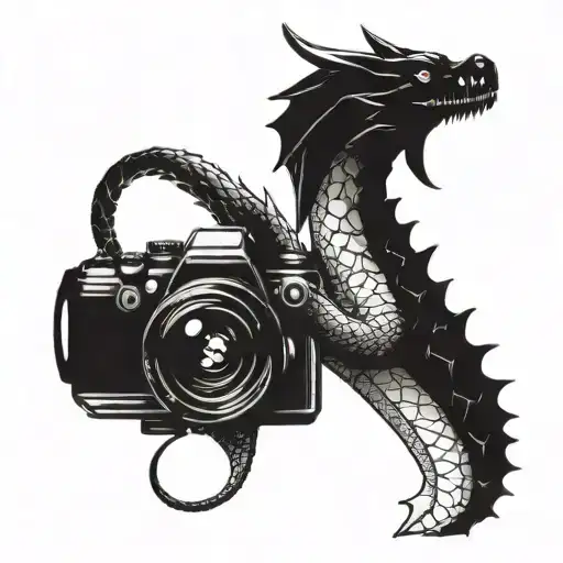 A dragon intertwined with a camera lens, symbolizing the fusion of photography and fantasy tattoo design idea
