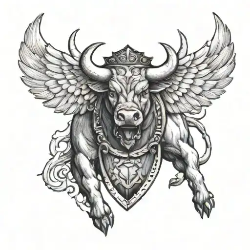 A bull with wings and a shield, symbolizing the strength and courage of a military warrior in battle tattoo design idea