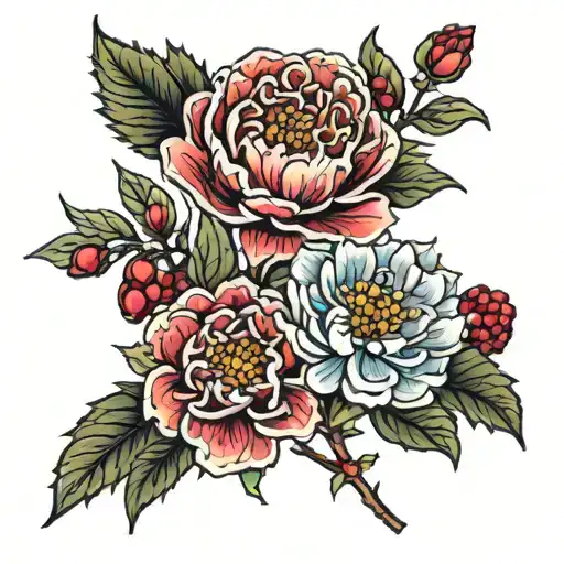 Carnation, Aster, Chrysanthemum, Holly Berry fine line tattoo tattoo design idea