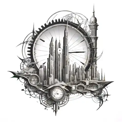 A futuristic cityscape of Dubai with a large clock tower as the focal point tattoo design idea