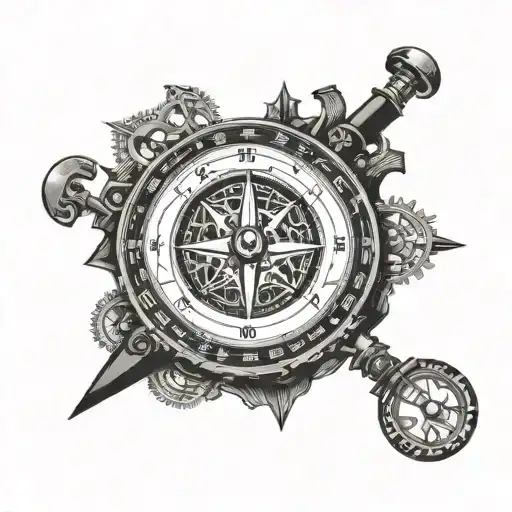 A vintage compass with intricate gears and cogs inside, symbolizing the passage of time and navigation in the world of merchandising tattoo design idea
