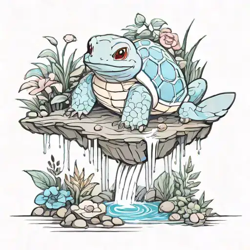squirtle, pond, and waterfall tattoo design idea