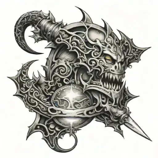 “I’m looking for a tattoo that combines a dagger, crescent moon, and a monster. tattoo design idea