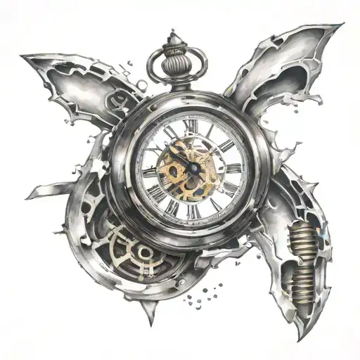 broken clock with piston rods spark tattoo design idea