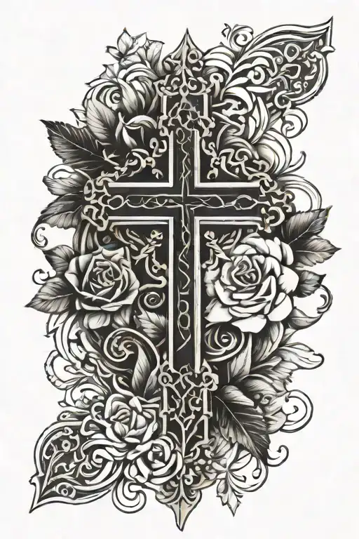 cross tattoo on fore arm with roman numerals going down and across and sonme detail in the background  tattoo design idea
