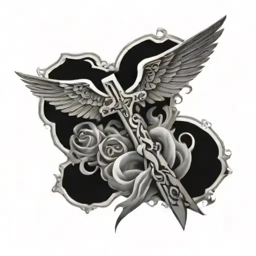 a cross tattoo with noman numbers going down and across with details in the backgorund to add a bit of pop like angel tattoo design idea