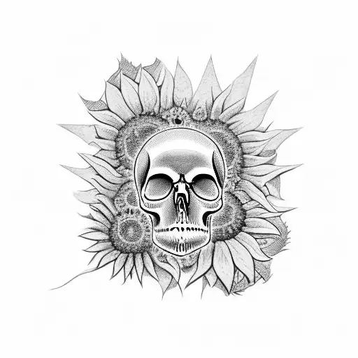 Trash polka tattoo of a skull head, side view, surrounded by three sunflowers with a yin yang symbol carved into the for tattoo design idea