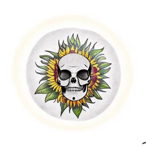 Trash polka tattoo of a skull head, side view, surrounded by three sunflowers with a yin yang symbol carved into the for tattoo design idea
