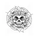 Trash polka tattoo of a skull head, side view, surrounded by three sunflowers with a yin yang symbol carved into the for tattoo design idea