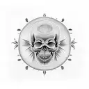 Trash polka tattoo of a skull head, side view, surrounded by three sunflowers with a yin yang symbol carved into the for tattoo design idea