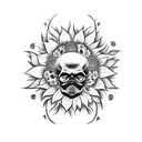 Trash polka tattoo of a skull head, side view, surrounded by three sunflowers with a yin yang symbol carved into the for tattoo design idea