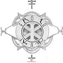 Christian Cross with two banners in one of which is the roman number for 712 and in the other the word fraternitas  tattoo design idea