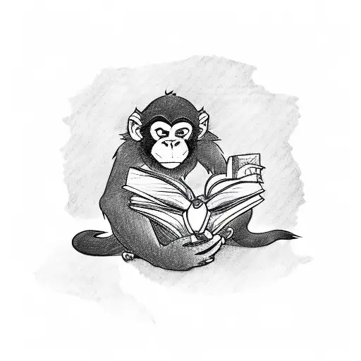 A tattoo of a monkey reading a book from the Percy Jackson series in a sketch style tattoo design idea