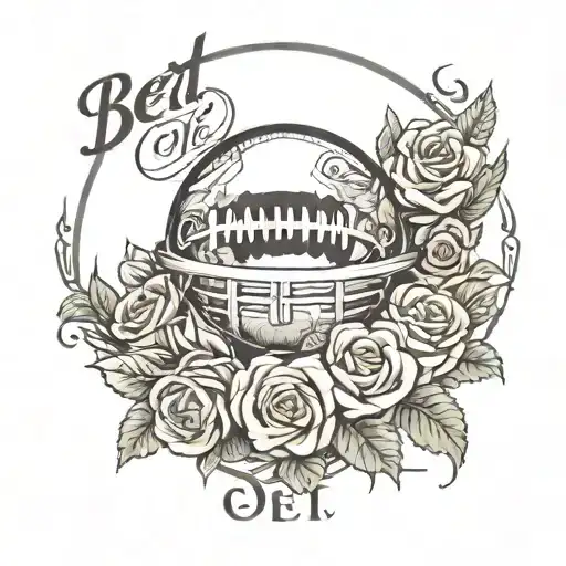 A football surrounded by a wreath of roses and the client's favorite phrase 'Bet on me' in elegant script tattoo design idea