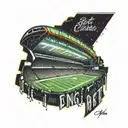 A football stadium at night with the lights shining and the client's favorite phrase 'Bet on me' glowing in neon colors tattoo design idea
