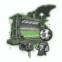 A football stadium at night with the lights shining and the client's favorite phrase 'Bet on me' glowing in neon colors tattoo design idea