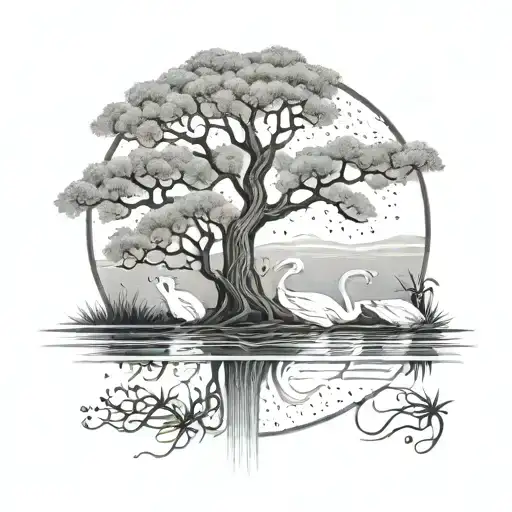 swans in lake with big willow tree branch tattoo design idea