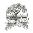 swans in lake with big willow tree branch tattoo design idea