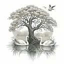 swans in lake with big willow tree branch tattoo design idea