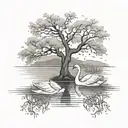 swans in lake with big willow tree branch tattoo design idea