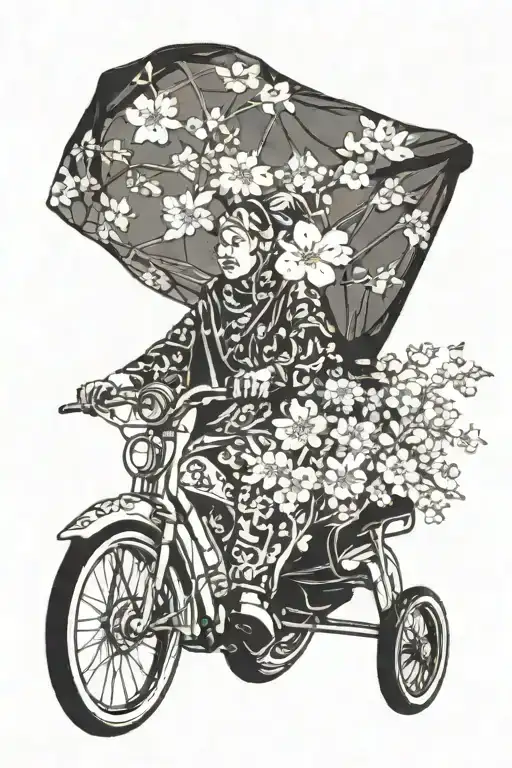 - Sheer scarf connected to a a tricycle on one end, moms hand on the other - The sheer scarf has a cherry blossom patter tattoo design idea