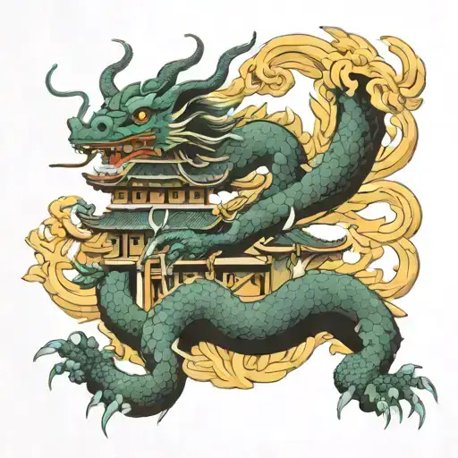 japanese temple, souls evolution , dragon , almond three tattoo design idea
